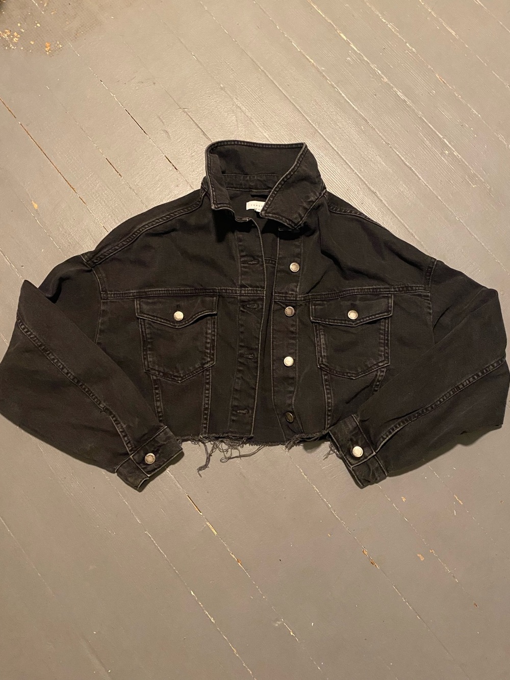 Topshop Black Cropped Denim Jacket with Raw Hem